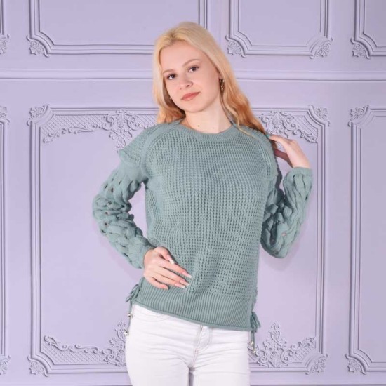 Дамски плетен пуловер с ефектни ръкави в цвят резеда