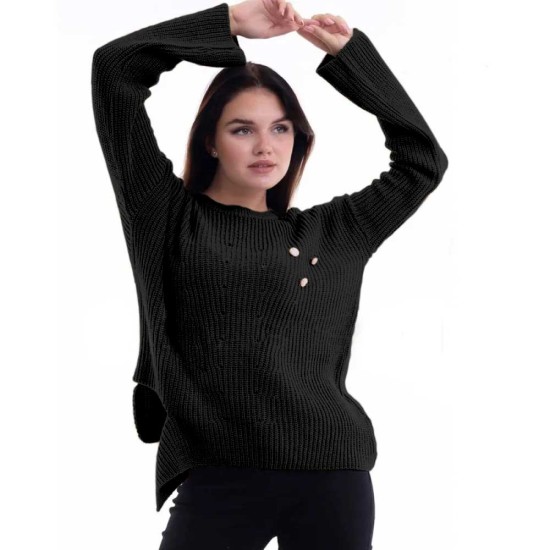 Дамски плетен пуловер с копчета в черен цвят