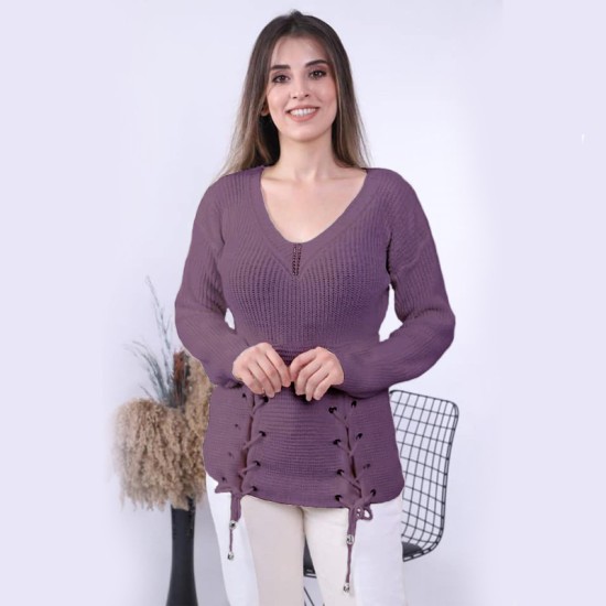 Дамски плетен пуловер с капси в цвят лилав