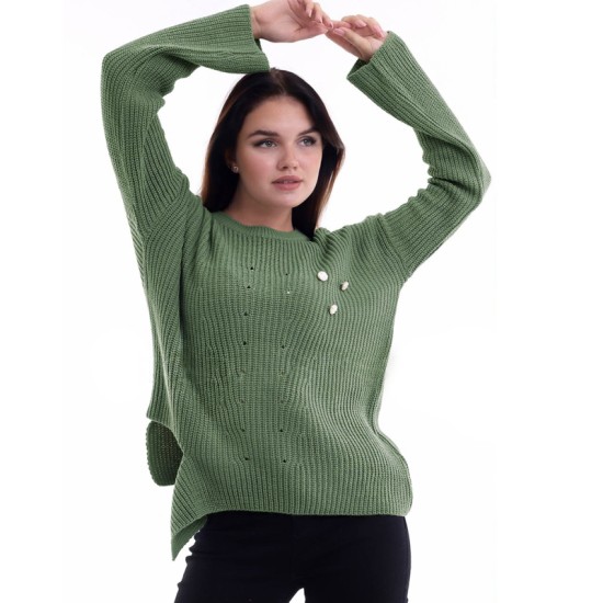 Дамски плетен пуловер с копчета в цвят зелен