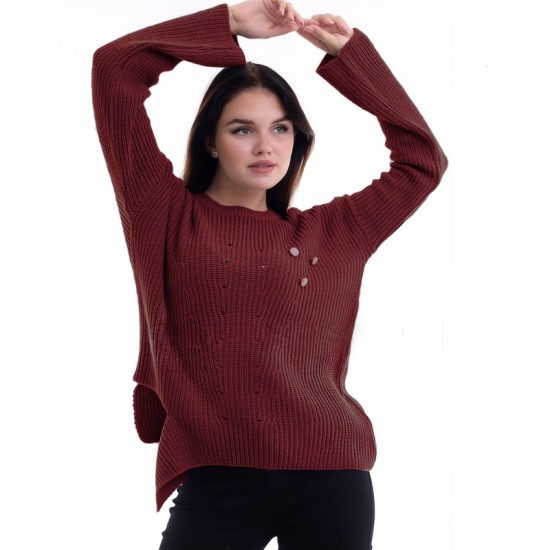 Дамски плетен пуловер с копчета в цвят бордо