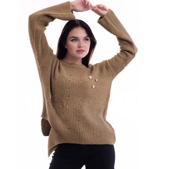 Дамски плетен пуловер с копчета в цвят кафяв