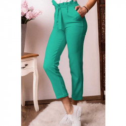 Хитов дамски панталон с колан панделка в цвят зелен