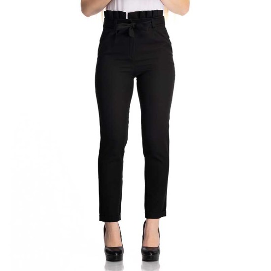 Хитов дамски панталон с колан панделка в цвят черен