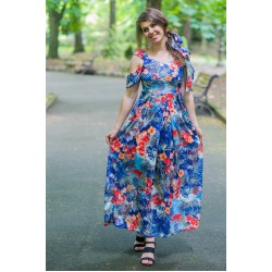 Дълга дамска рокля с цветен принт на син фон