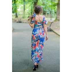 Дълга дамска рокля с цветен принт на син фон