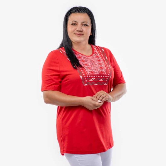 Стилна дамска блуза с етно мотиви с принт в червено
