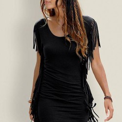 Черна дамска рокля с ресни