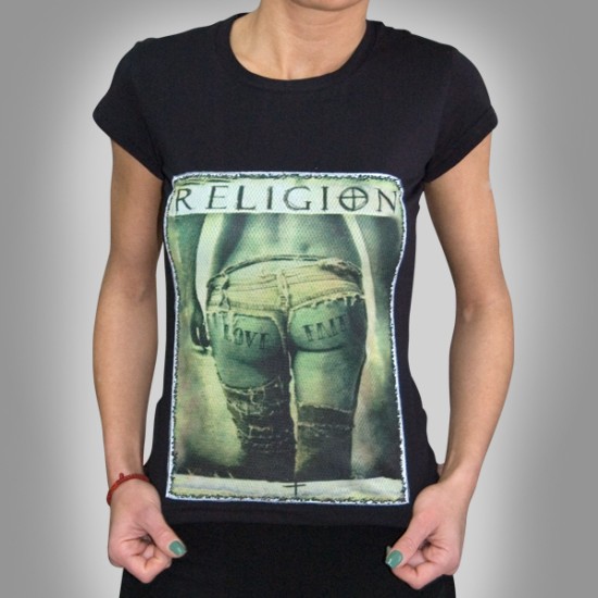 Дамска черна тениска с щампа ''Religion''