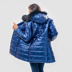 Дамско зимно яке с качулка от еко косъм от лисица в синьо