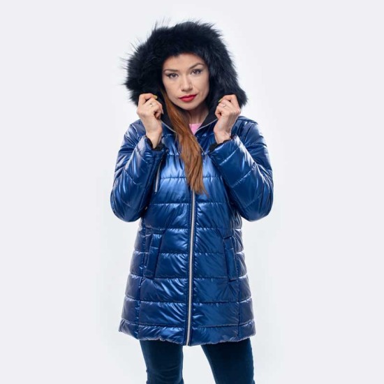 Дамско зимно яке с качулка от еко косъм от лисица в синьо