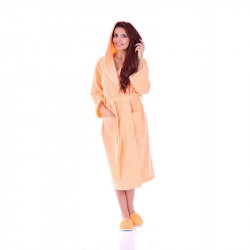 Луксозен халат за баня с качулка и джобове - цвят праскова