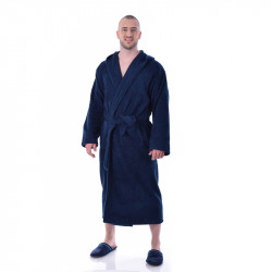 Луксозен мъжки халат за баня с качулка и джобове - Маер цвят тъмно син