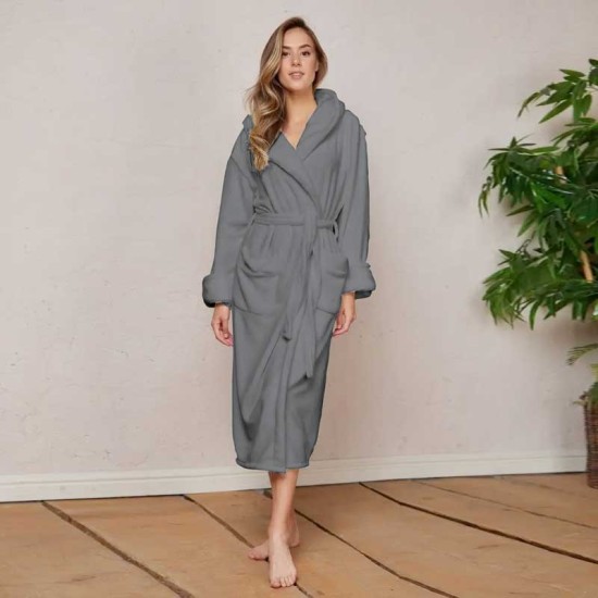 Луксозен халат за баня с качулка и джобове - цвят Сив