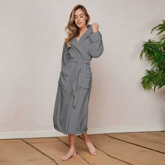 Луксозен халат за баня с качулка и джобове - цвят Сив