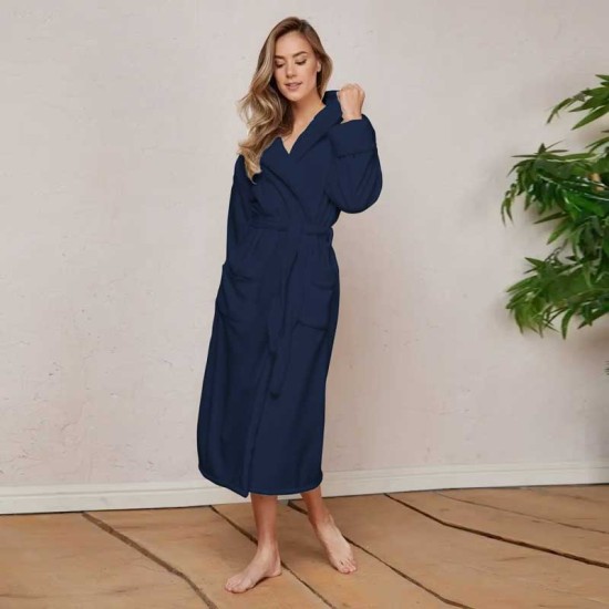 Луксозен халат за баня с качулка и джобове - цвят Тъмносин