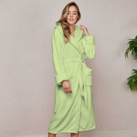 Луксозен халат за баня с качулка и джобове - цвят зелен