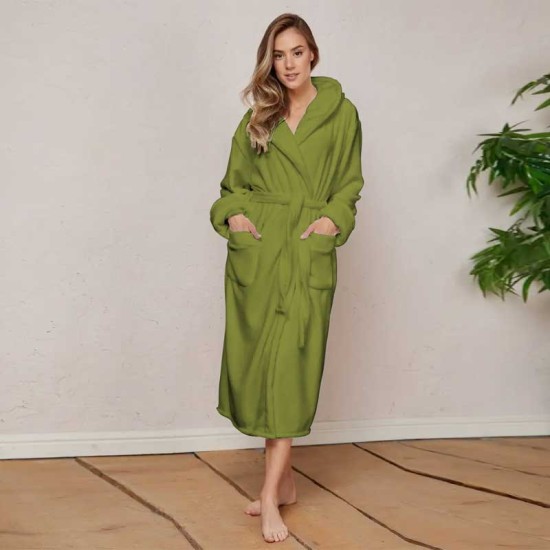 Луксозен халат за баня с качулка и джобове - цвят Зелен глог
