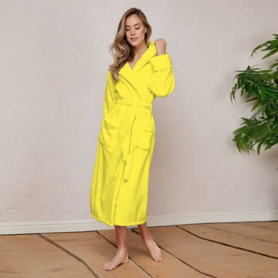 Луксозен халат за баня с качулка и джобове - цвят Яркожълт