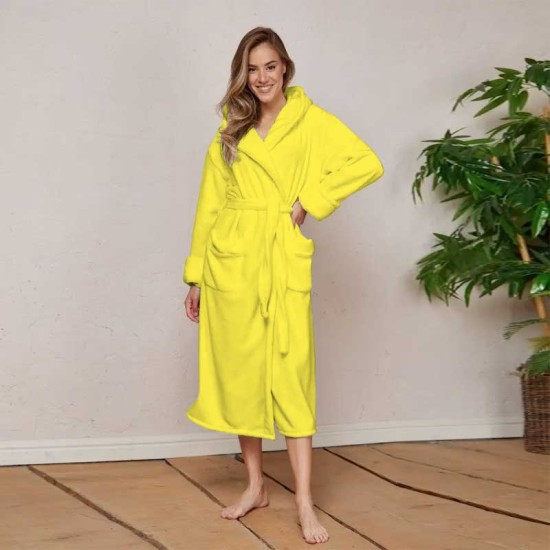 Луксозен халат за баня с качулка и джобове - цвят Яркожълт