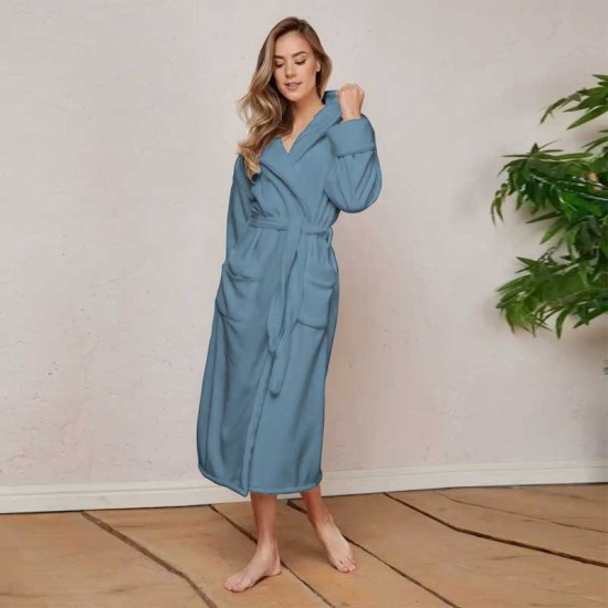 Луксозен халат за баня с качулка и джобове - цвят Синьо капри