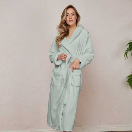 Луксозен халат за баня с качулка и джобове - цвят Тюркоазен пастел