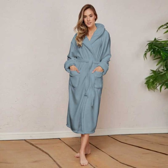 Луксозен халат за баня с качулка и джобове - цвят Гълъбово син