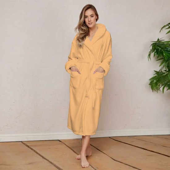 Луксозен халат за баня с качулка и джобове - цвят праскова