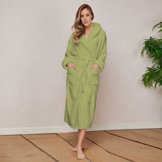 Луксозен халат за баня с качулка и джобове - цвят Резеда