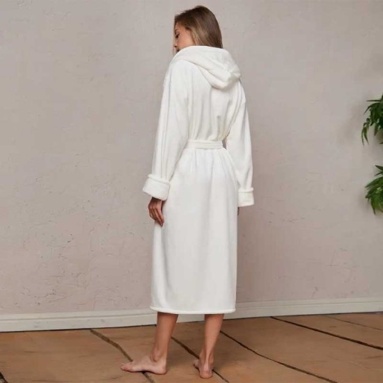 Луксозен халат за баня с качулка и джобове - Бял цвят