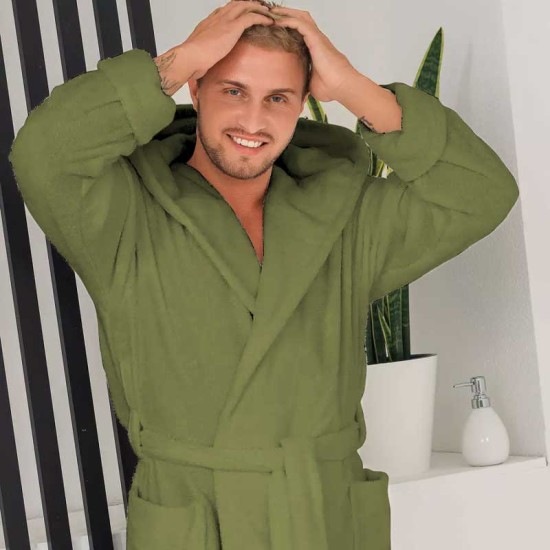 Луксозен мъжки халат за баня с джобове и качулка - Маер цвят зелен