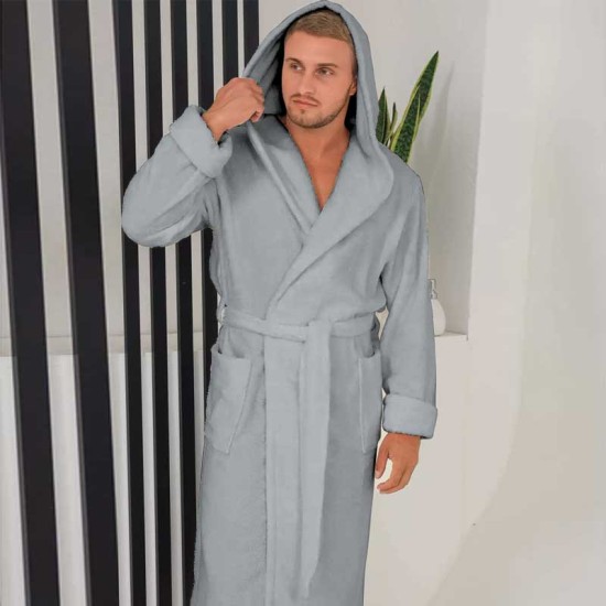 Луксозен мъжки халат за баня с джобове и качулка - Маер цвят Сребърно сиво