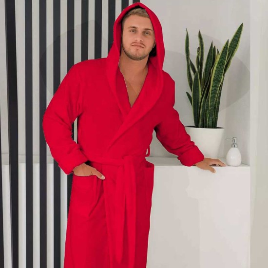 Луксозен мъжки халат за баня с качулка и джобове - Маер цвят червен