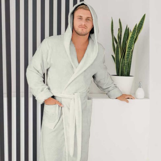 Луксозен мъжки халат за баня с джобове и качулка - Маер цвят Крем