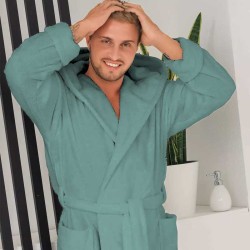 Луксозен мъжки халат за баня с качулка и джобове - Маер цвят петрол Луксозен мъжки халат за баня с качулка и джобове - Маер цвят петрол