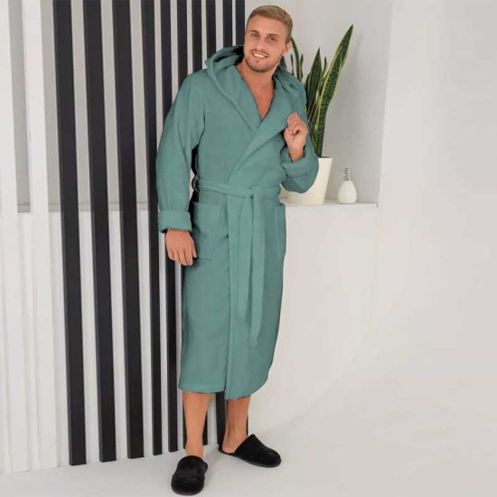 Луксозен мъжки халат за баня с качулка и джобове - Маер цвят петрол