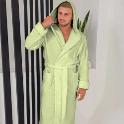 Луксозен мъжки халат за баня с джобове и качулка - Маер цвят Светлозелен Луксозен мъжки халат за баня с джобове и качулка - Маер цвят Светлозелен