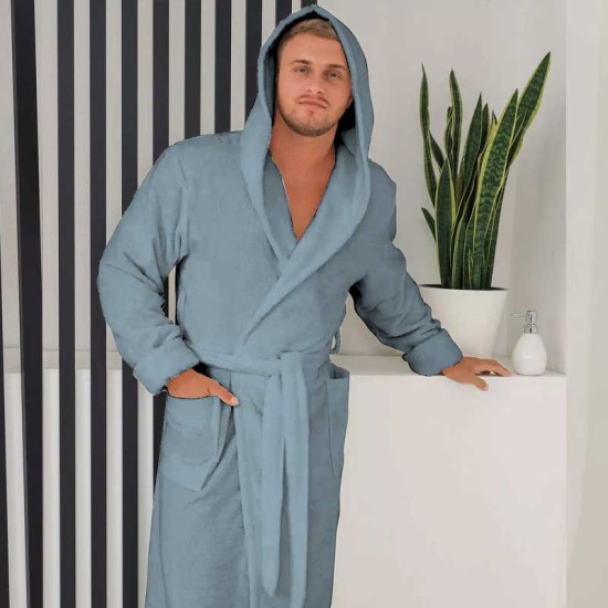 Луксозен мъжки халат за баня с джобове и качулка - Маер цвят Гълъбово синьо