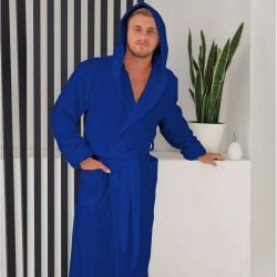 Луксозен мъжки халат за баня с качулка и джобове - Маер цвят тюркоаз Луксозен мъжки халат за баня с качулка и джобове - Маер цвят тюркоаз