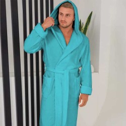 Луксозен мъжки халат за баня с качулка и джобове - Маер цвят син Луксозен мъжки халат за баня с качулка и джобове - Маер цвят син