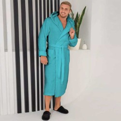 Луксозен мъжки халат за баня с качулка и джобове - Маер цвят син Луксозен мъжки халат за баня с качулка и джобове - Маер цвят син