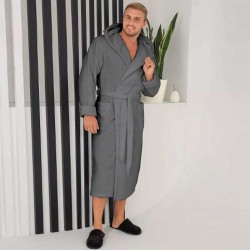 Луксозен мъжки халат за баня с качулка и джобове - Маер цвят сив Луксозен мъжки халат за баня с качулка и джобове - Маер цвят сив