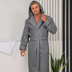 Луксозен мъжки халат за баня с качулка и джобове - Маер цвят сив Луксозен мъжки халат за баня с качулка и джобове - Маер цвят сив