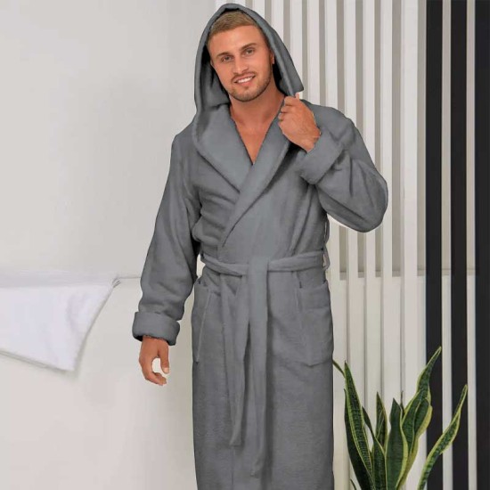 Луксозен мъжки халат за баня с качулка и джобове - Маер цвят сив