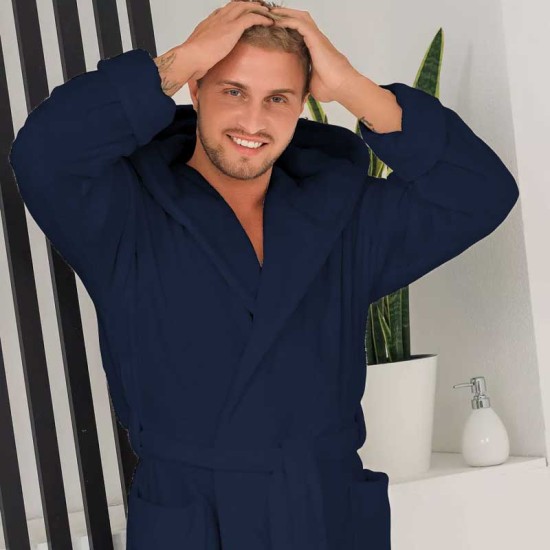 Луксозен мъжки халат за баня с джобове и качулка - Маер цвят тъмно син