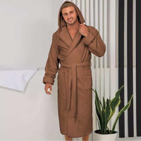 Луксозен мъжки халат за баня с качулка и джобове - Маер цвят кафяв