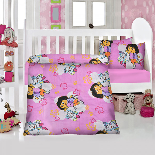 Комплект от спално бельо за бебе Дора и Ботичко розово
